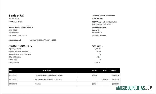 Extrato de conta do Banco dos EUA para impressão, modelo Word e PDF